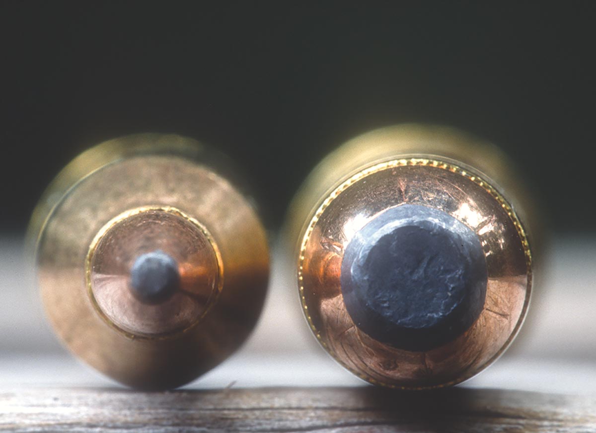 This close-up compares bullet diameter of the .243 Winchester on left (Remington 100 grain) to the .444 Marlin  on right (Hornady 265 grain).